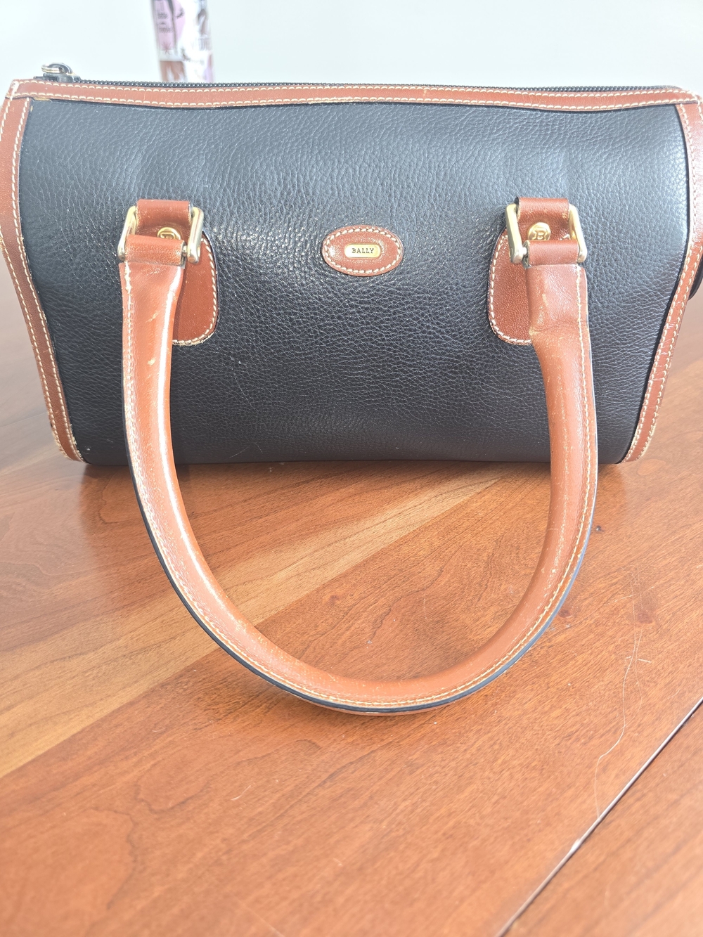 Bally Vintage Black Pebbled Leather Satchel with Brown Trim, Excellent Condition